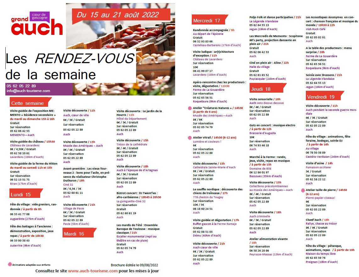 agenda du 15 au 21 aout 2022