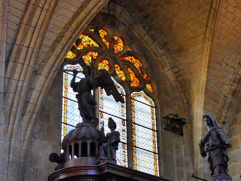 Stained glass and statute